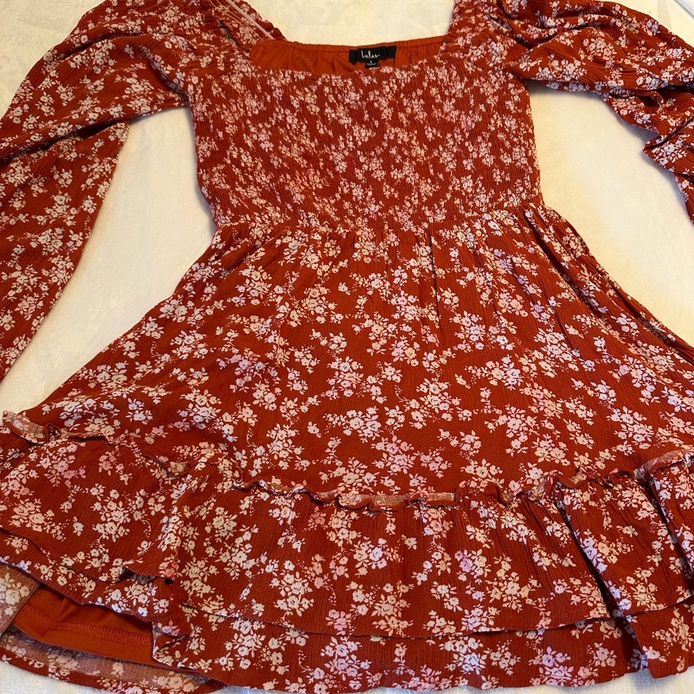 Rust colored balloon sleeve ruffled dress